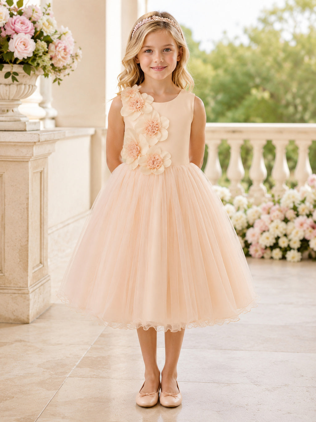 Petal Tulle A-Line Flower Girl Dress with Sleeveless, jewel Neckline, and Tea length Skirt with Floral Detail front view