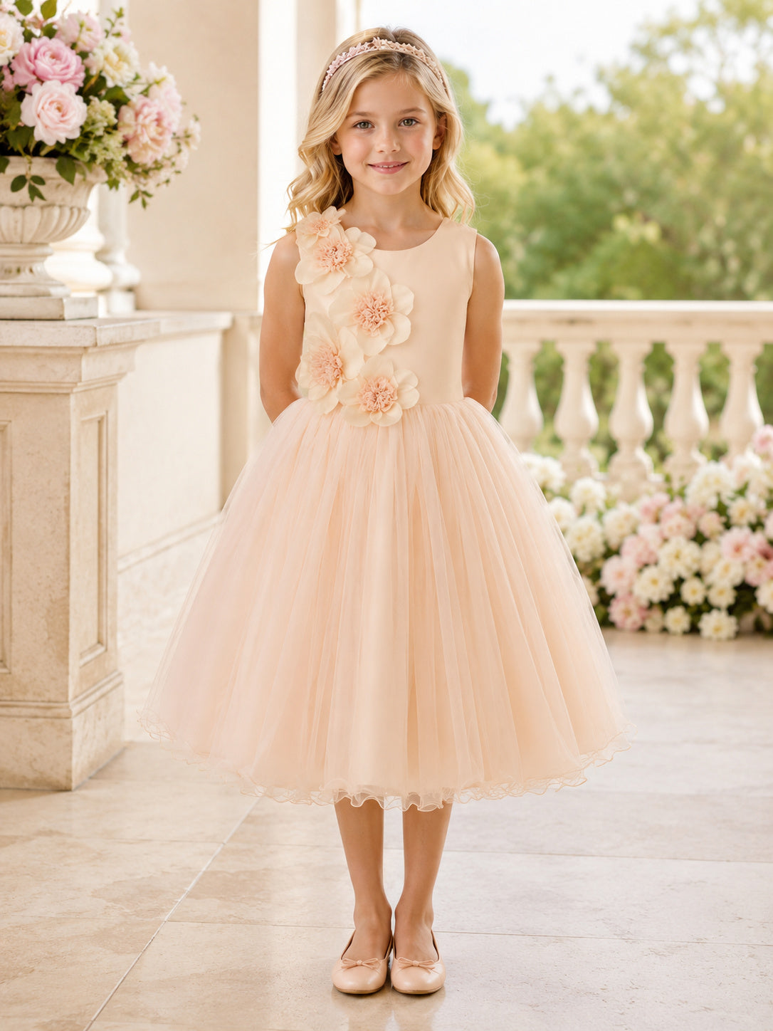 Petal Tulle A-Line Flower Girl Dress with Sleeveless, jewel Neckline, and Tea length Skirt with Floral Detail front view