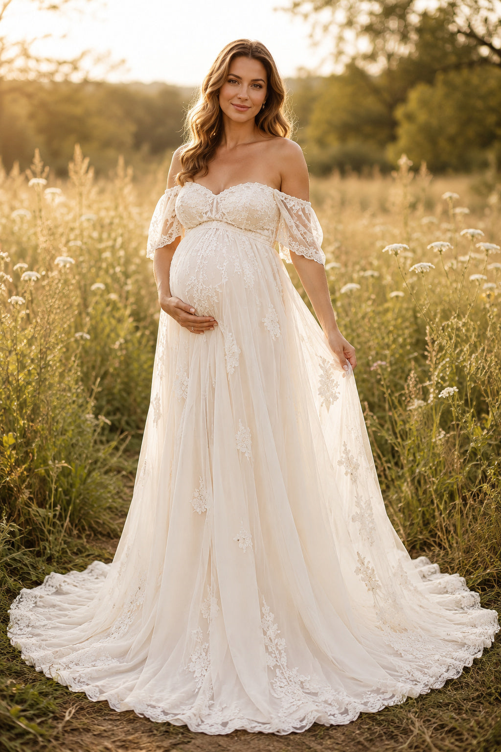Ivory Off-the-Shoulder Lace Maternity Wedding Dress with Full Train front view