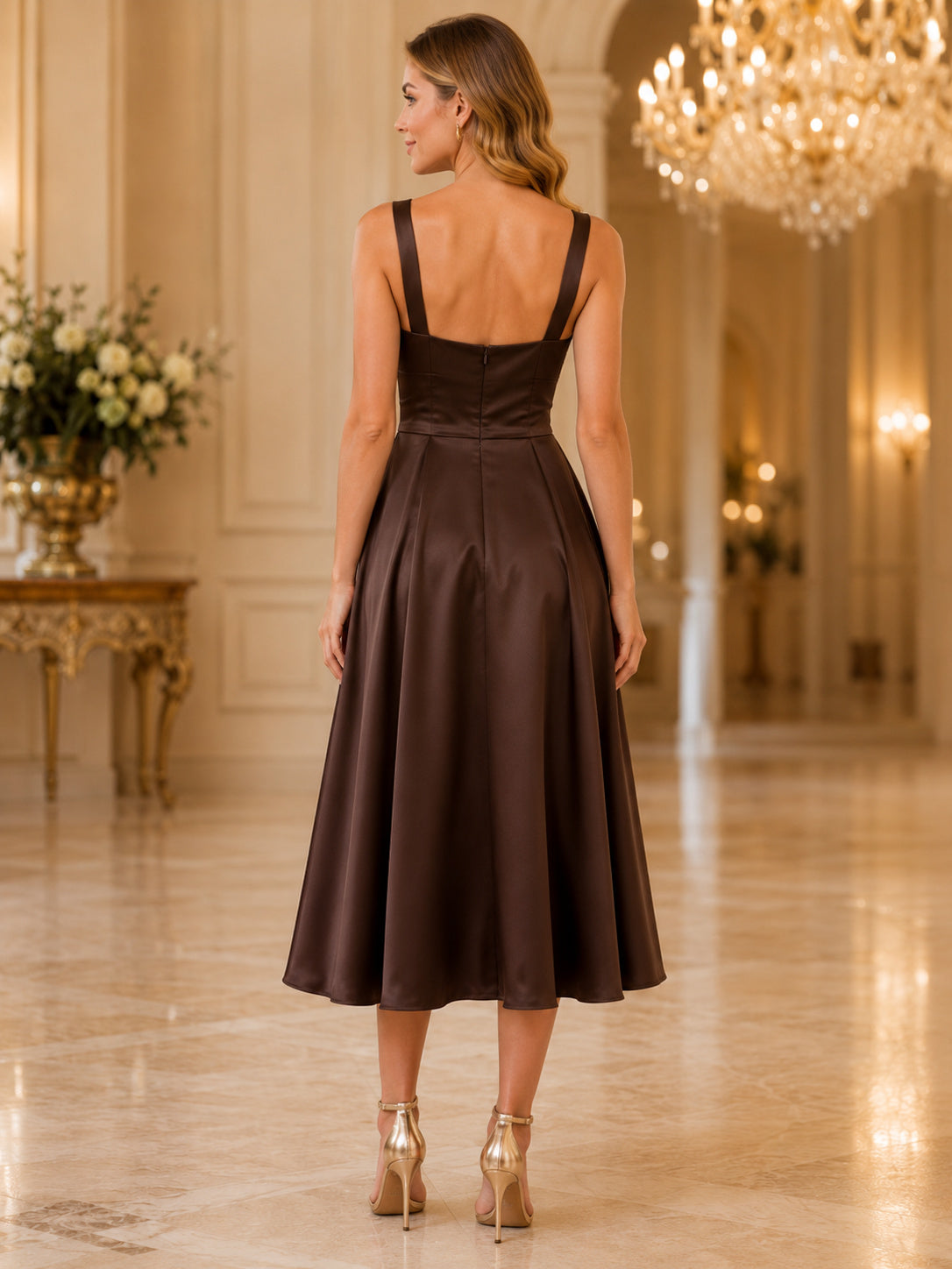 Chocolate Square Strap Satin A-Line Pleated Midi Wedding Guest Dress back view