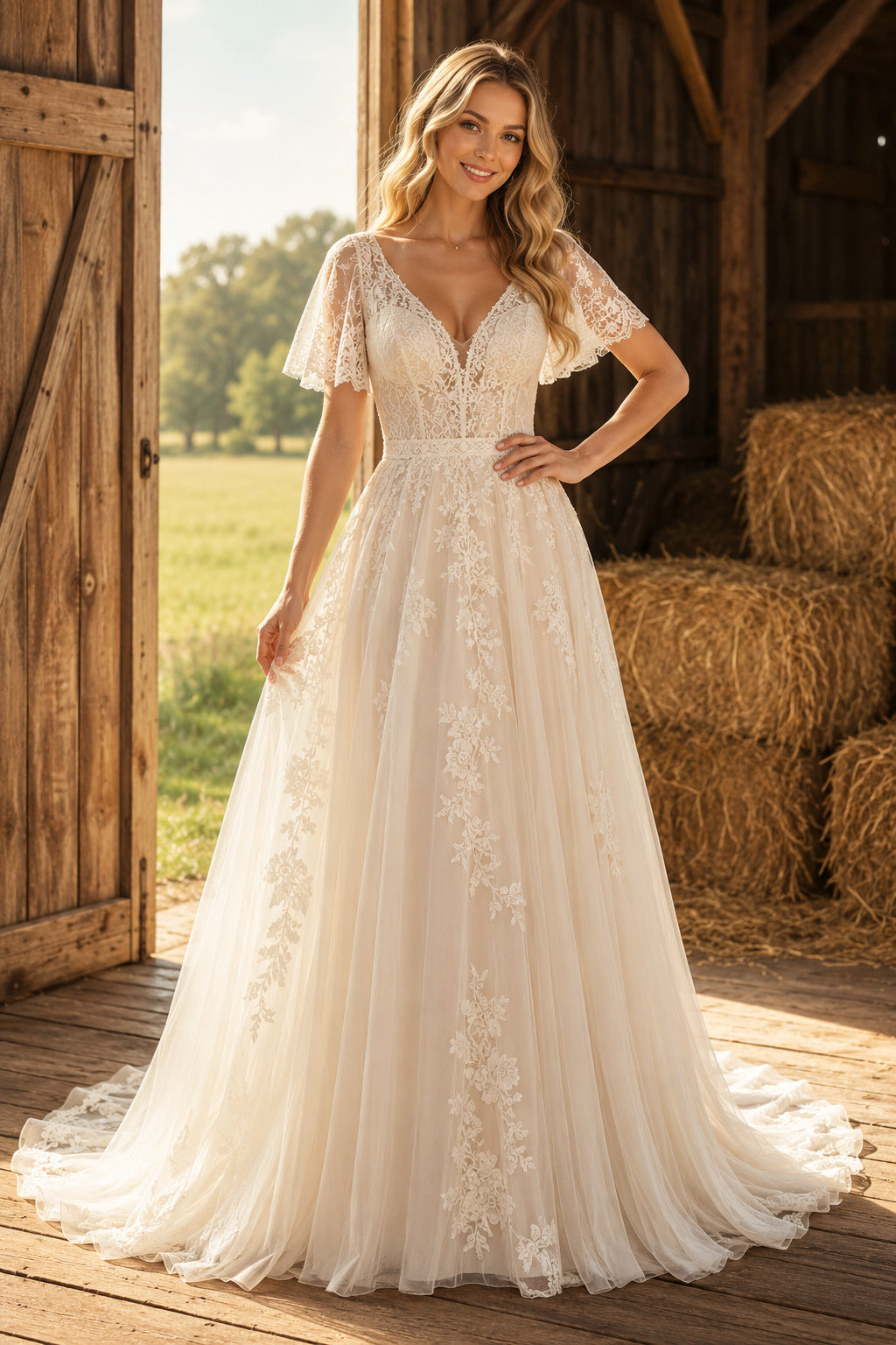 Ivory V-Neck Lace A-Line Wedding Dress with Flutter Sleeves and Full Tulle Train front view