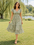 Sage Floral V Neck Tiered Family Photo Dress front view