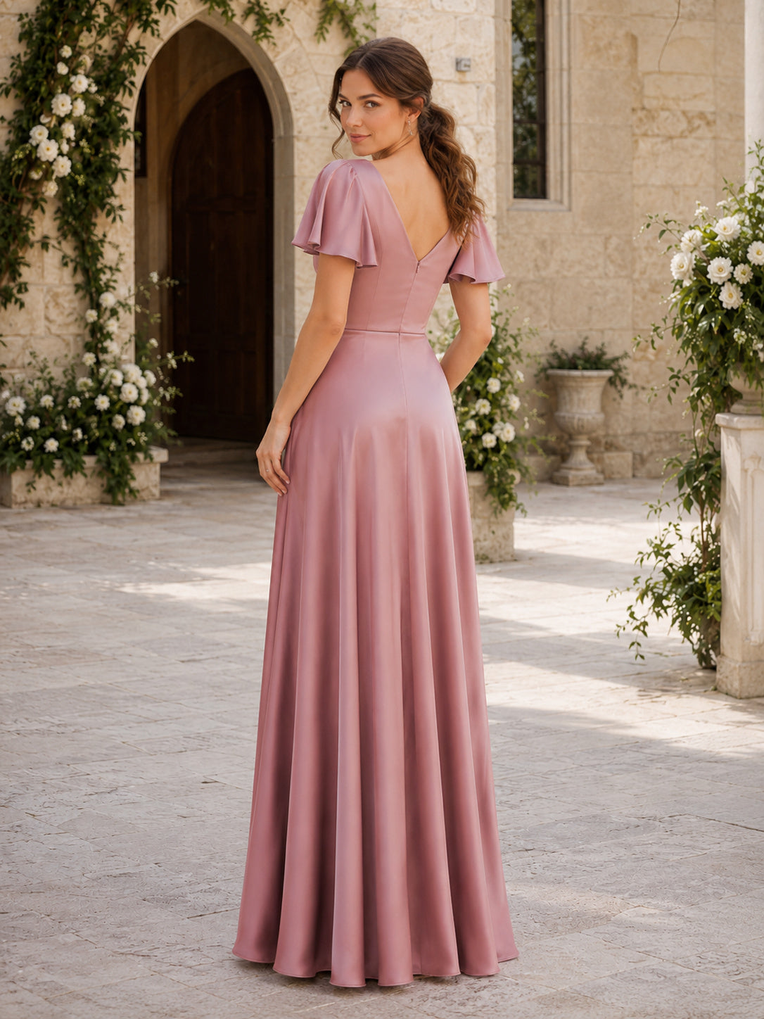 Chapel Ceremony Formal Dusty Rose Simple Elegant Sheath Chiffon Bridesmaid Dress with V-Neck Short Sleeve Floor-Length Draped