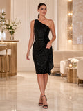 Taupe Polished Satin Sheath V-neck Knee Length Cocktail Dress front view