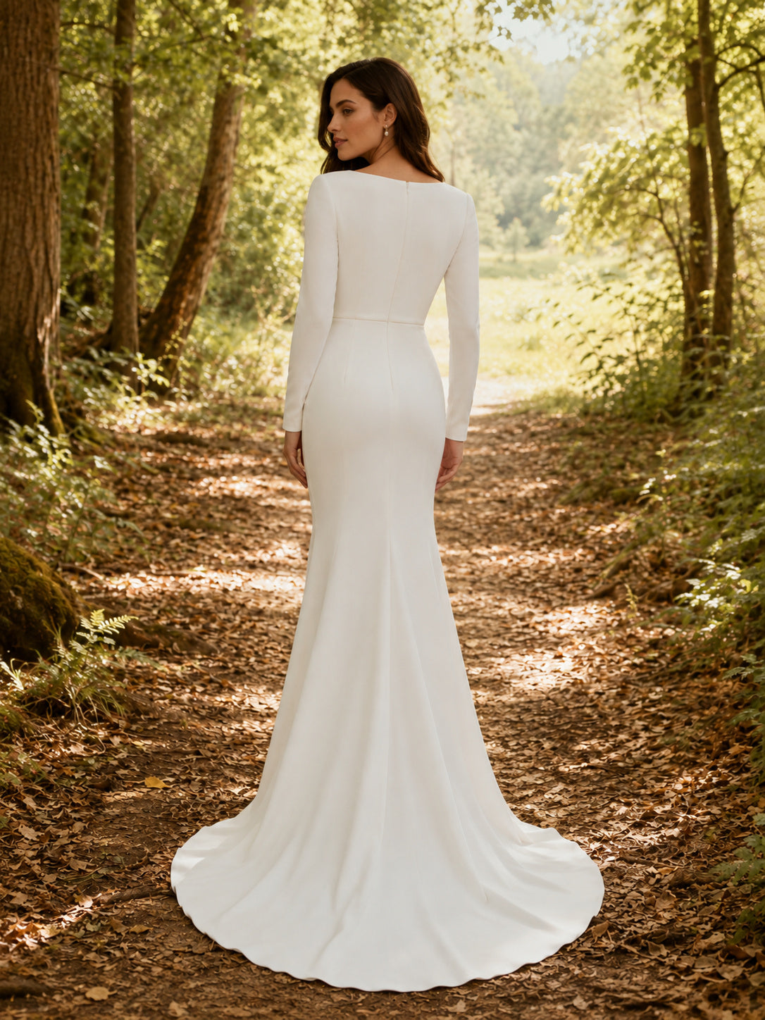 Country Chiffon Wedding Dress Sheath Sweetheart Long Sleeve Floor Length Low V Back Bridal Gown back view