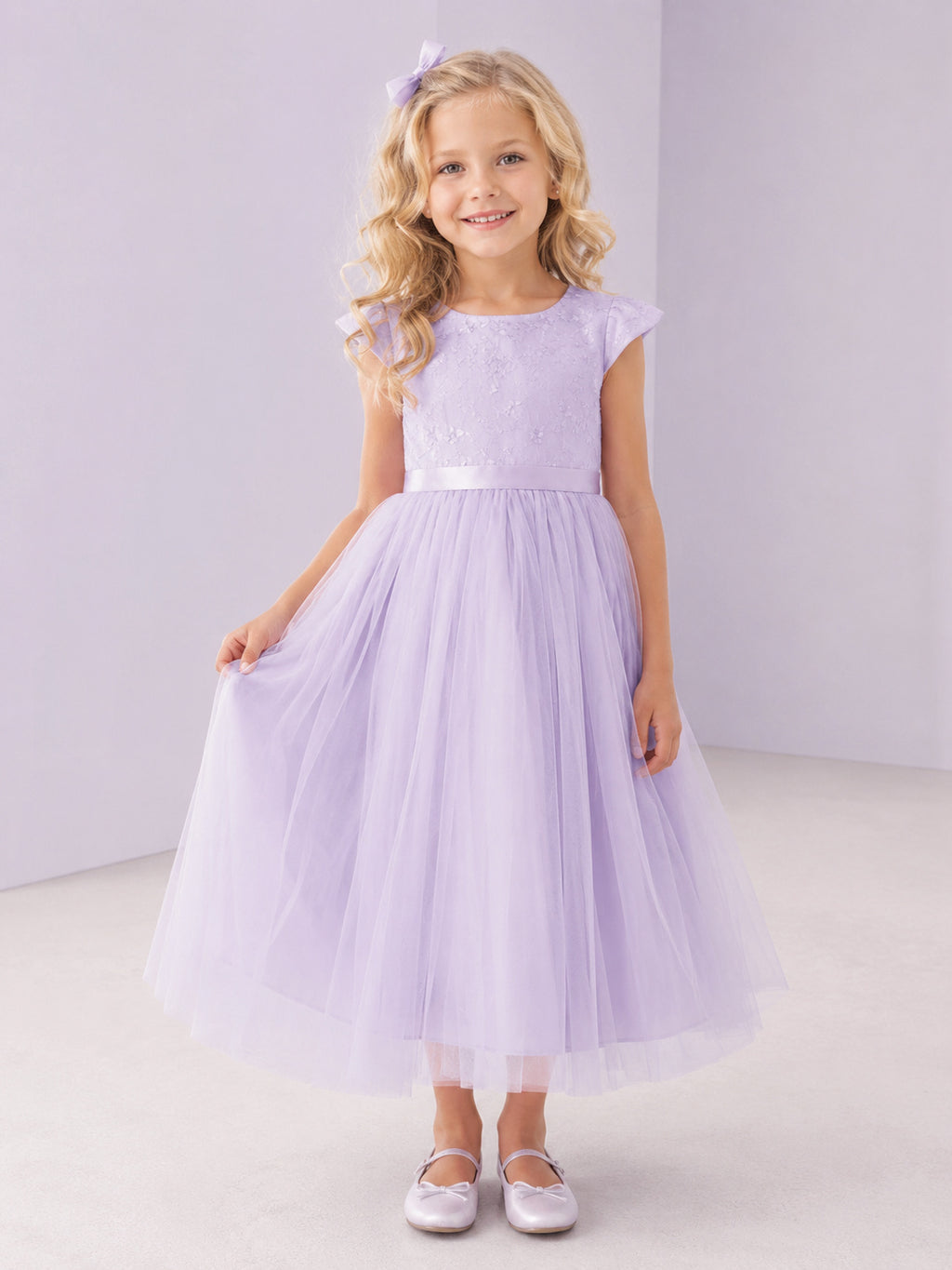 Lavender Tulle A-Line Flower Girl Dress with Cap Short Sleeve, jewel Neckline, and Tea length Skirt with Soft Pleating front