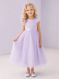Lavender Tulle A-Line Flower Girl Dress with Cap Short Sleeve, jewel Neckline, and Tea length Skirt with Soft Pleating front