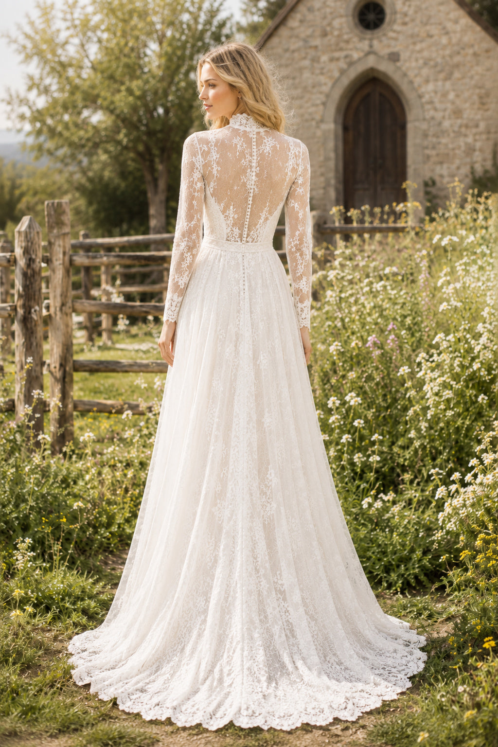 Ivory High Neck Long Sleeve Lace A-Line Wedding Dress Chapel Train for Wedding Ceremony and Reception Style MG_701491 back vi