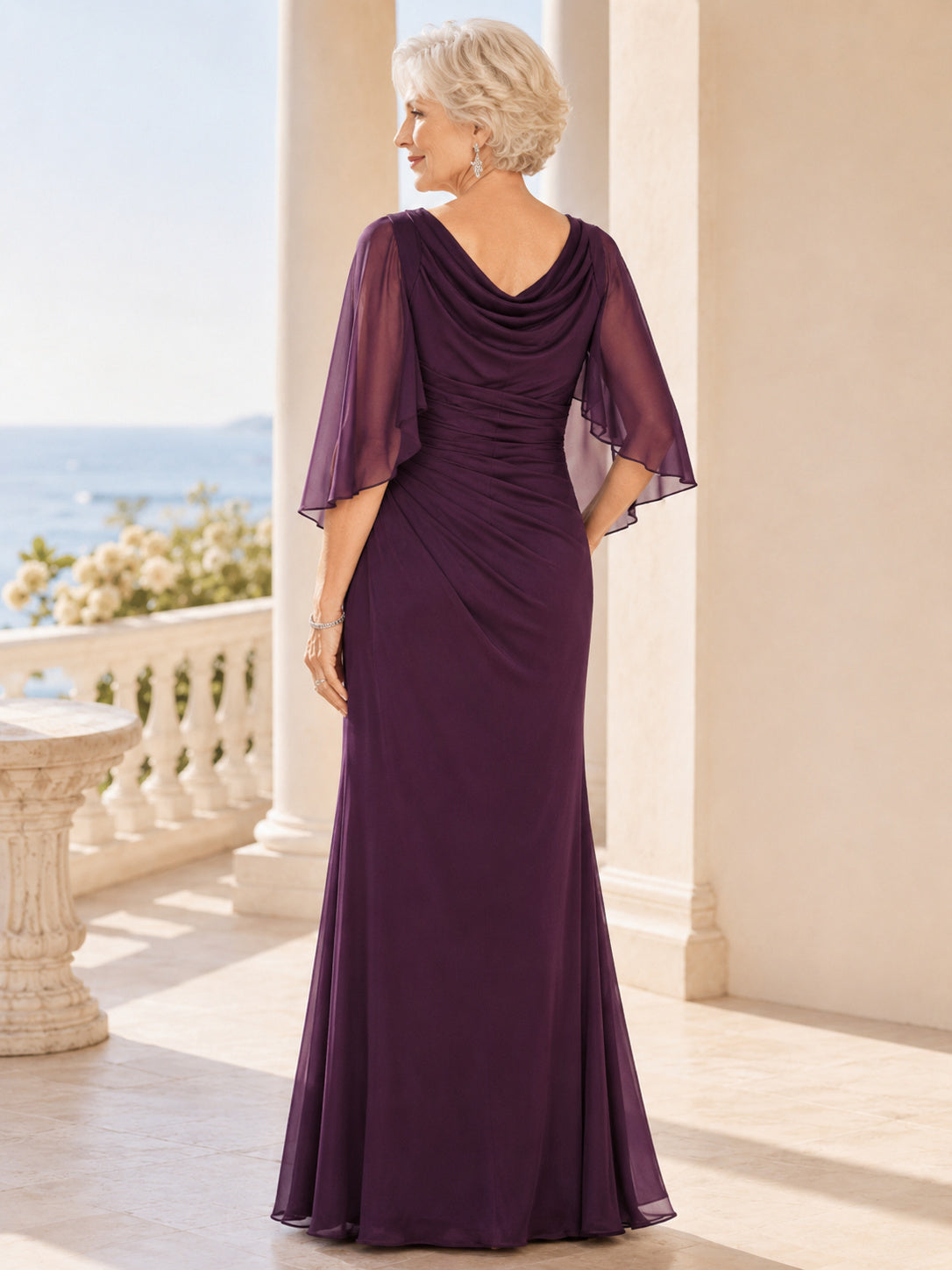 Plum Modest Elegant Cowl-Neck Sheer-Capelet Side-Ruched Floor-Length Sheath Mother of the Bride Gown back view