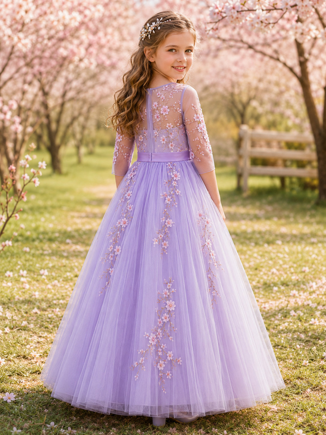 Lavender Cherry Blossom Flower Girl Gown with Long Illusion Sleeves, Tulle A-Line, Floral Appliques, and Floor-Length Skirt b