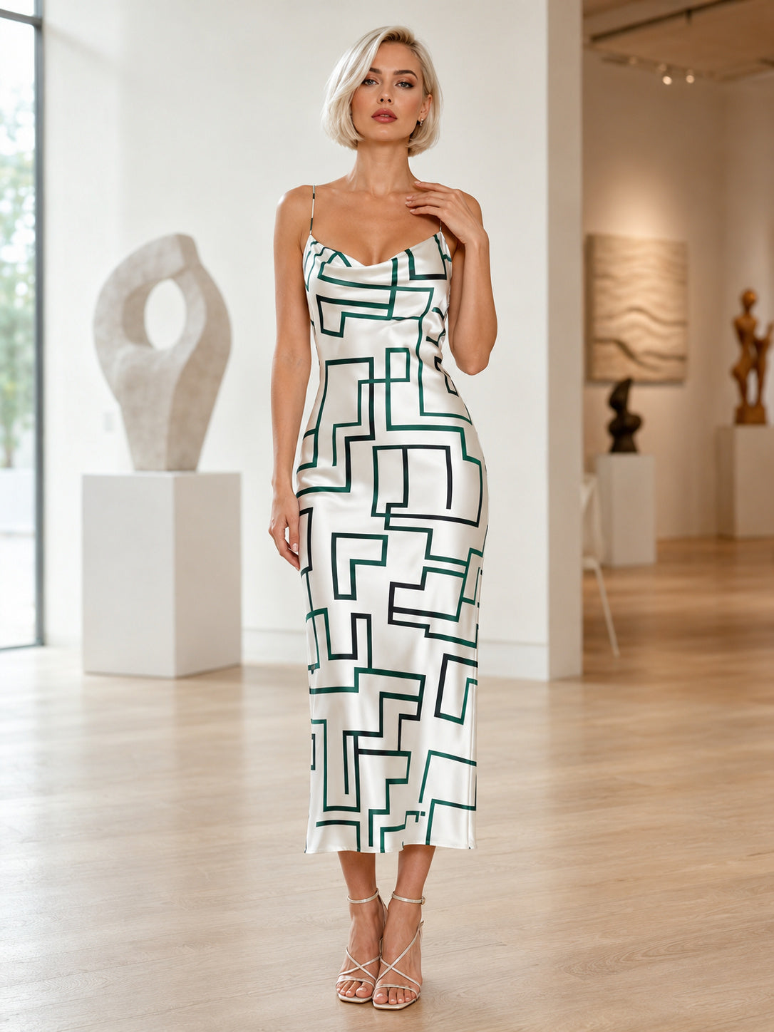 Green Maze Graphic Strapless Bodycon Midi Cocktail Dress front view