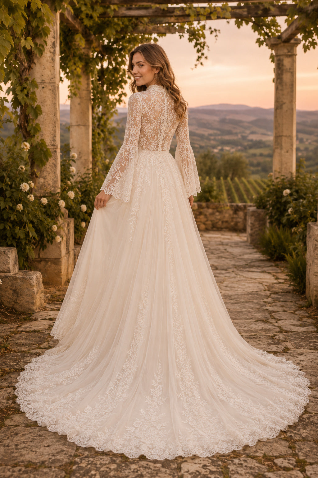 High Neck Long Sleeve A-Line Wedding Dress with Lace Bodice and Scalloped Train for Beach Garden Ceremony back view