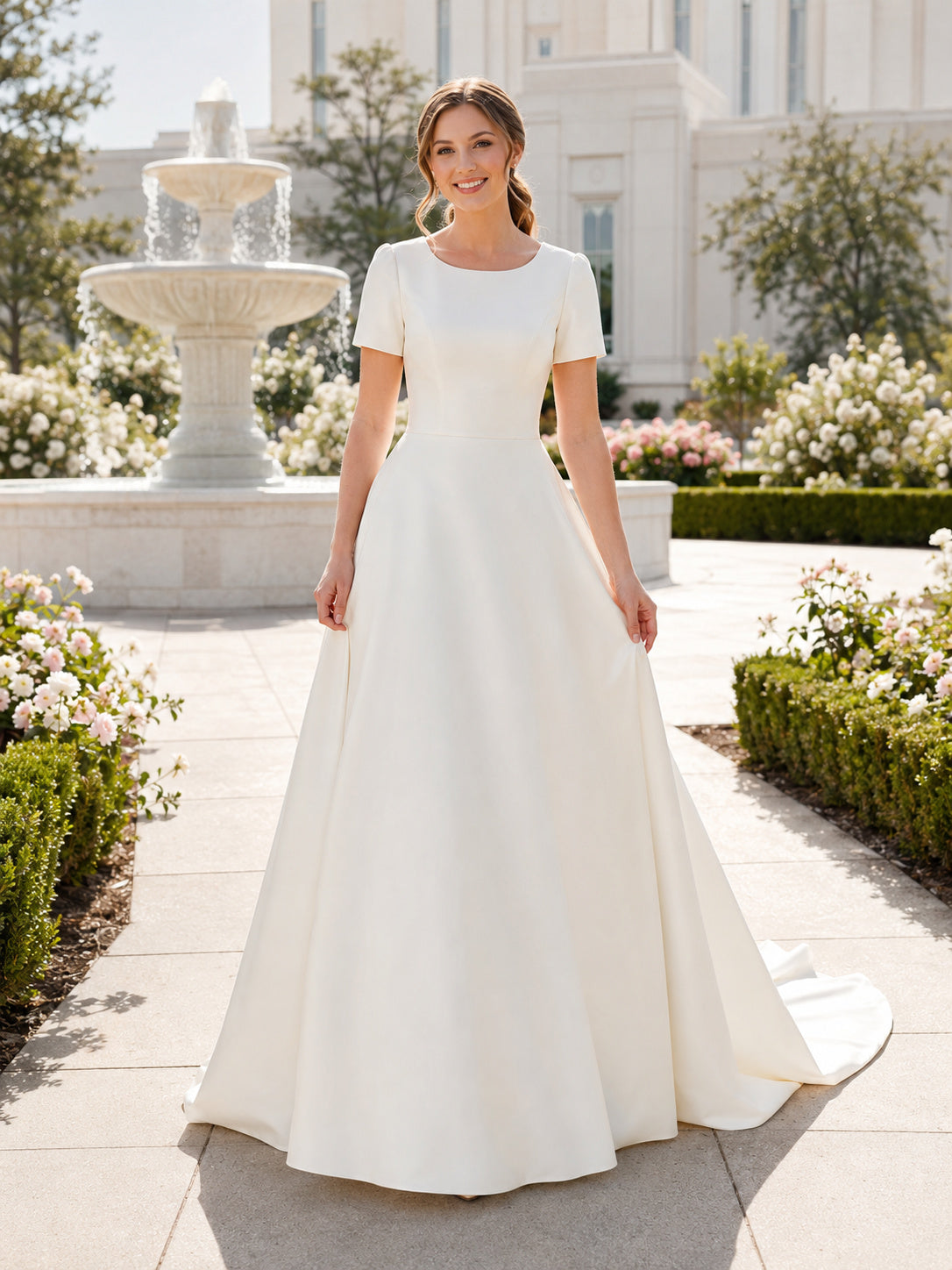 Short Sleeve Simple A Line Temple Courtyard Wedding Dress front view