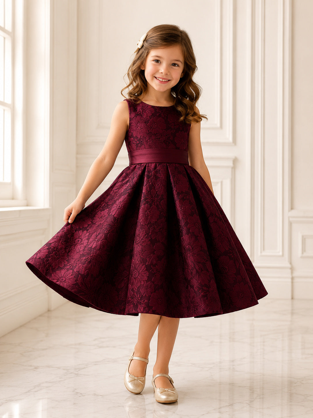 Burgundy Floral Jacquard Jewel Neck Sleeveless Bow-Back Tea-Length A-Line Flower Girl Dress front view