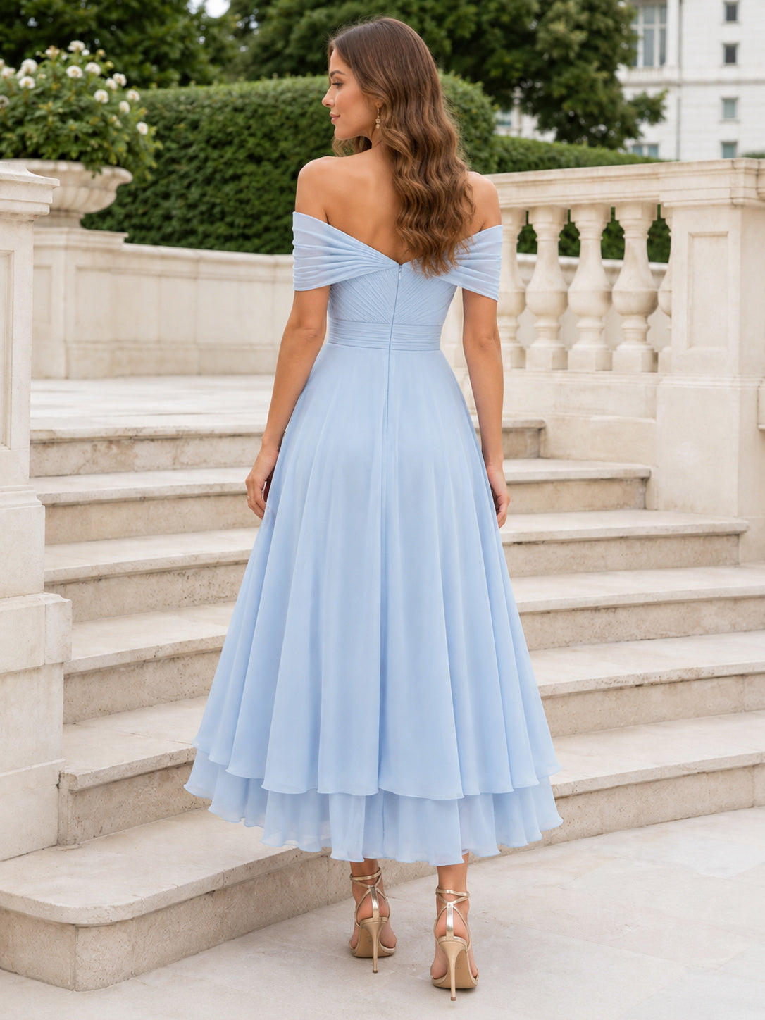 Sky Blue Sweetheart Off Shoulder Layered Midi Guest Dress back view
