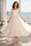 Champagne Off-the-Shoulder Bateau Long Sleeve Lace Tulle Tea-Length Wedding Dress with Long Lace Sleeves and Champagne Tulle