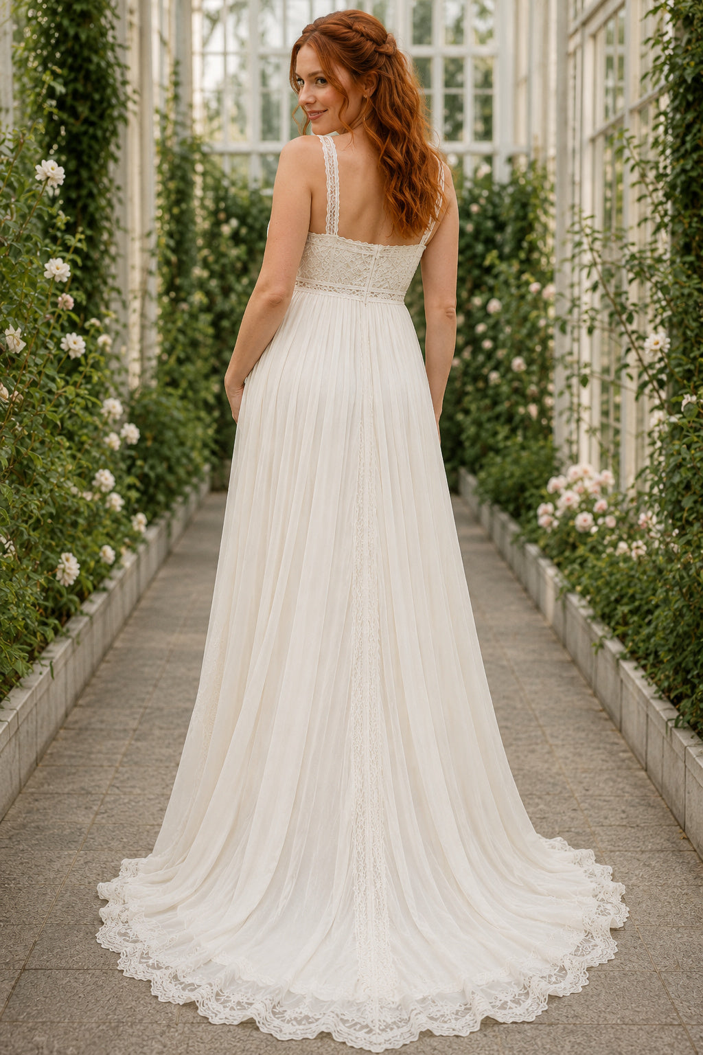 Ivory Maternity Square Neck Sleeveless Chiffon A-Line Wedding Dress with Lace Waist back view