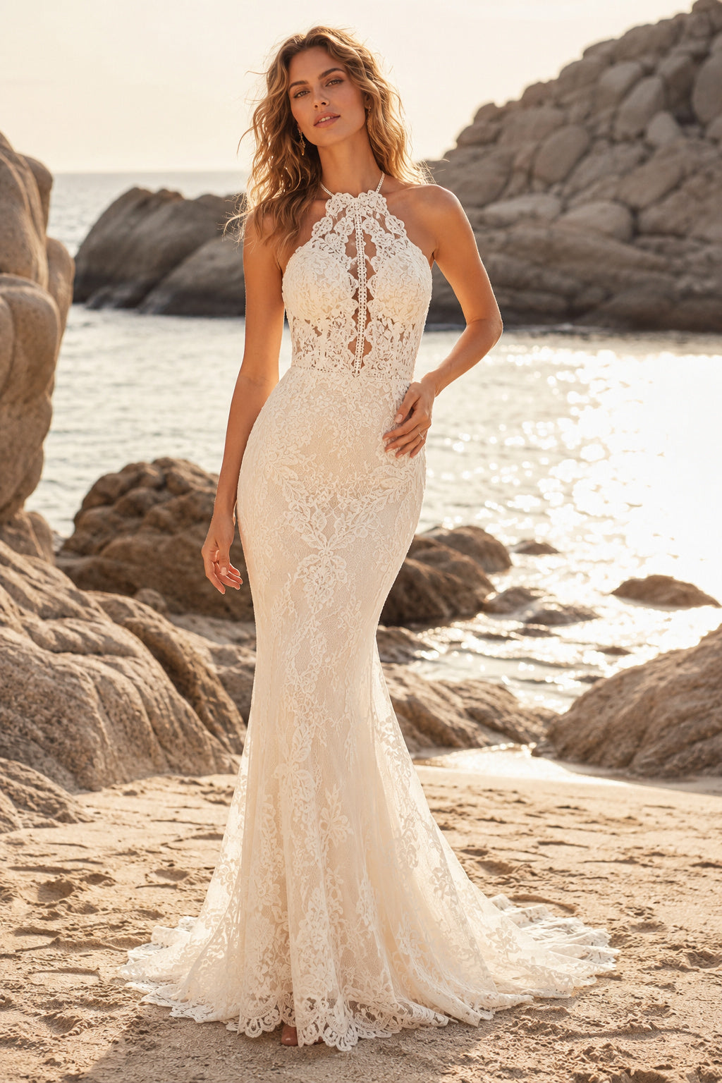 Ivory Halter High Neck Lace Mermaid Wedding Dress Keyhole Back Train for Bridal Ceremony and Reception Style MG_700820 front