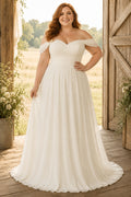 Plus Size Ivory Off-the-Shoulder Chiffon A-Line Wedding Dress front view