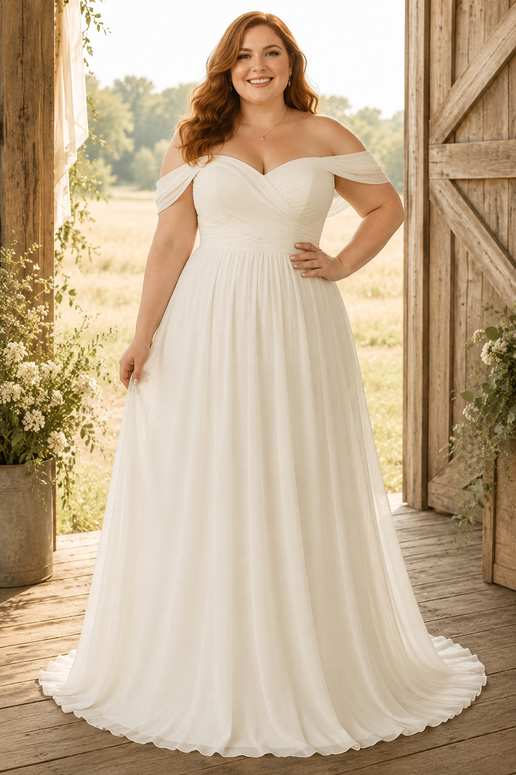 Plus Size Ivory Off-the-Shoulder Chiffon A-Line Wedding Dress front view