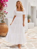 Casual White Cotton Ibicenco A Line Ankle Length Square Puff Sleeve Dress front view