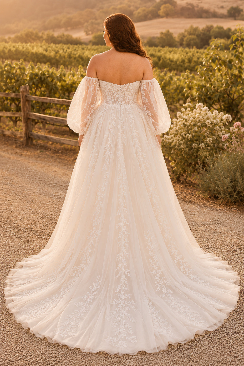 Plus Size Off-the-Shoulder Long Sleeve Lace A-Line Wedding Dress back view