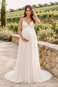 Ivory Maternity V-Neck Spaghetti Strap Chiffon A-Line Wedding Dress with Soft Train front view