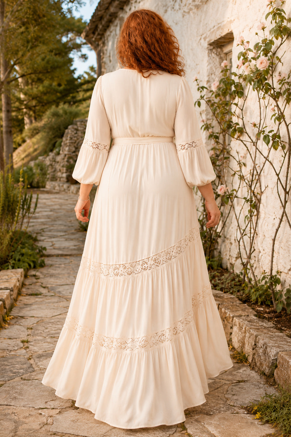 Plus Size Boho V-Neck Long Sleeve Chiffon Wedding Dress with Tiered Skirt back view