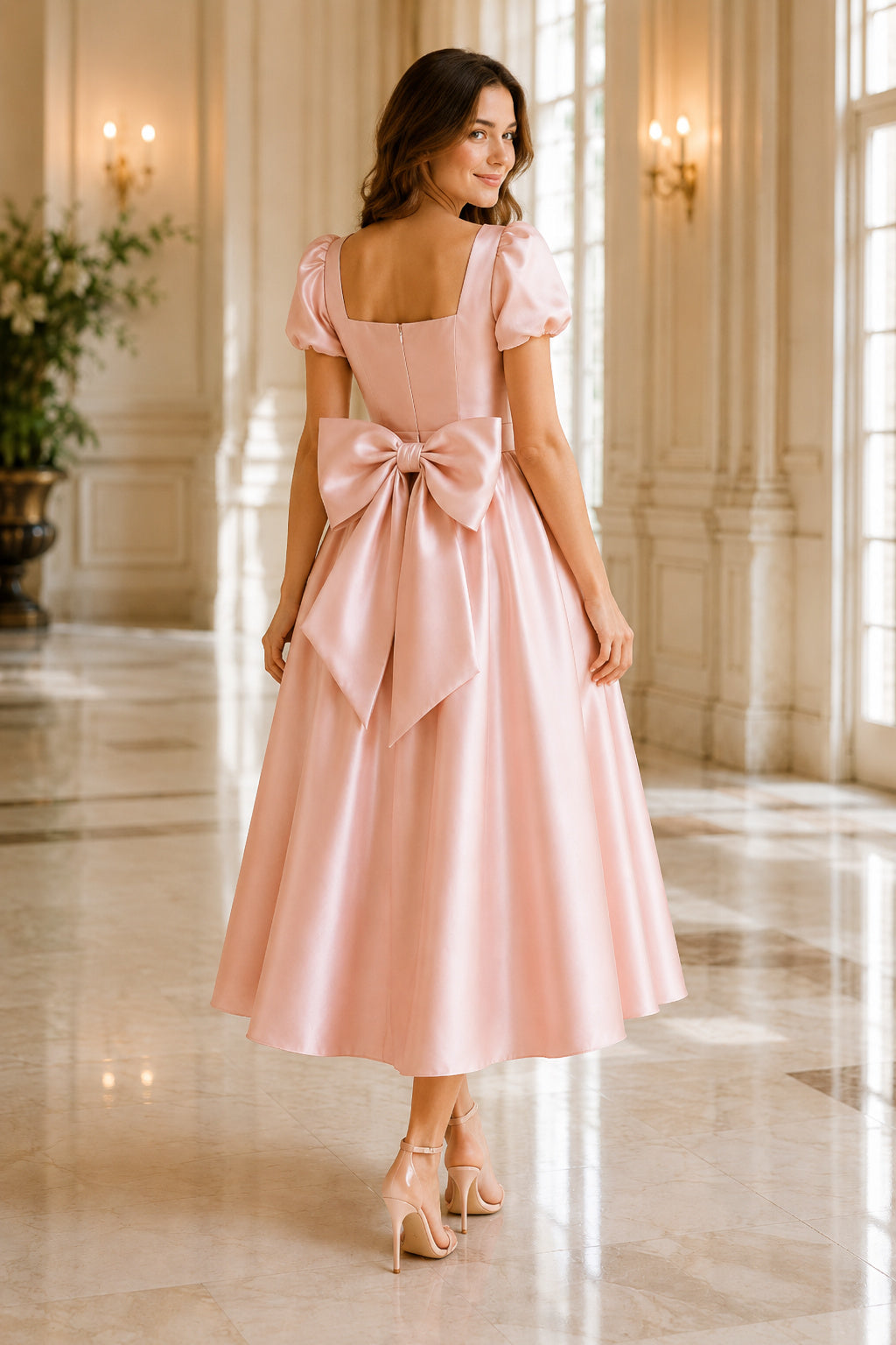 Blushing Pink Puff Sleeve Satin Tea-Length Dress with Square Neck and Bow Back back view