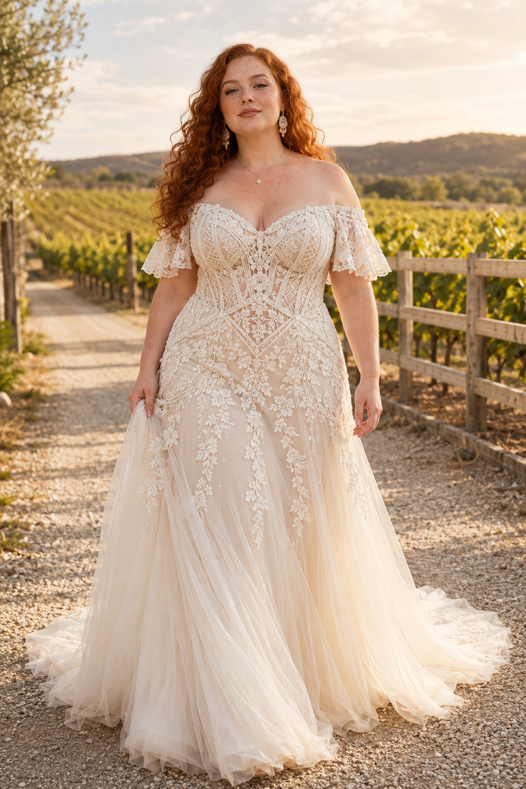 Plus Size Ivory Off-the-Shoulder Lace A-Line Wedding Dress with Chapel Train Style 721061 front view