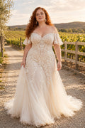 Plus Size Ivory Off-the-Shoulder Lace A-Line Wedding Dress with Chapel Train Style 721061 front view