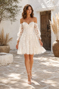 Off-the-Shoulder Long Sleeve Lace Short Wedding Dress front view