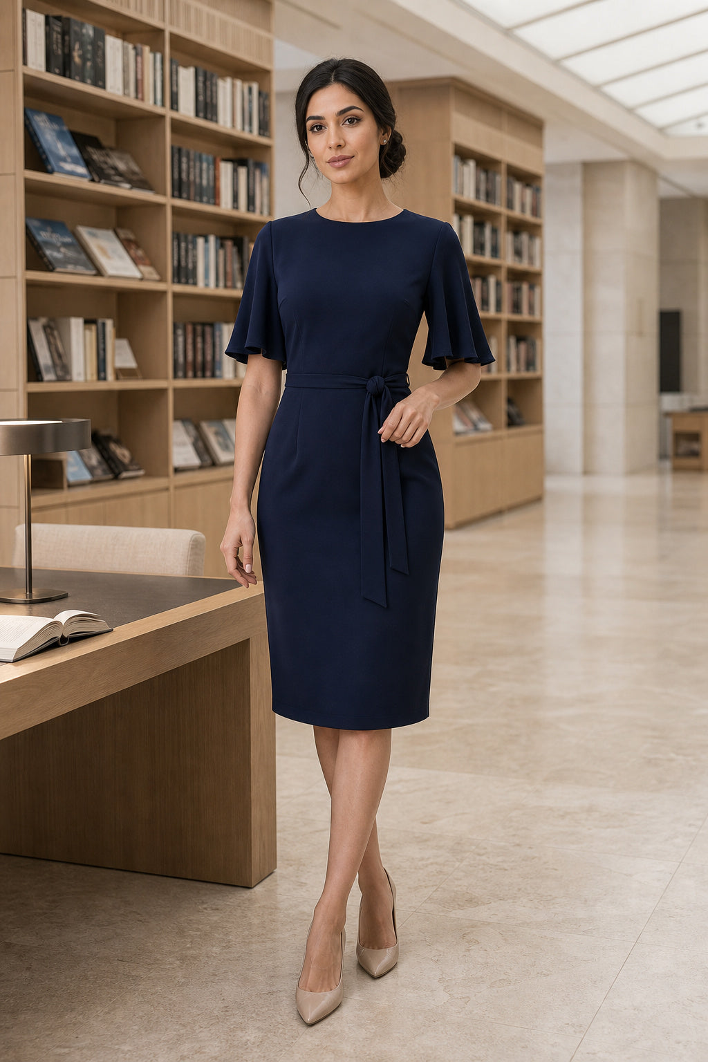 Navy Short Sleeve Sheath Knee-Length Crepe Dress With Pockets