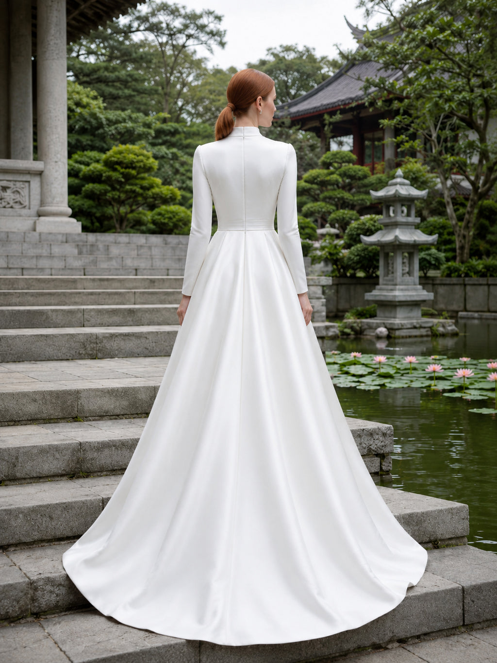 High Neck Long Sleeve Satin Temple Garden Wedding Dress back view