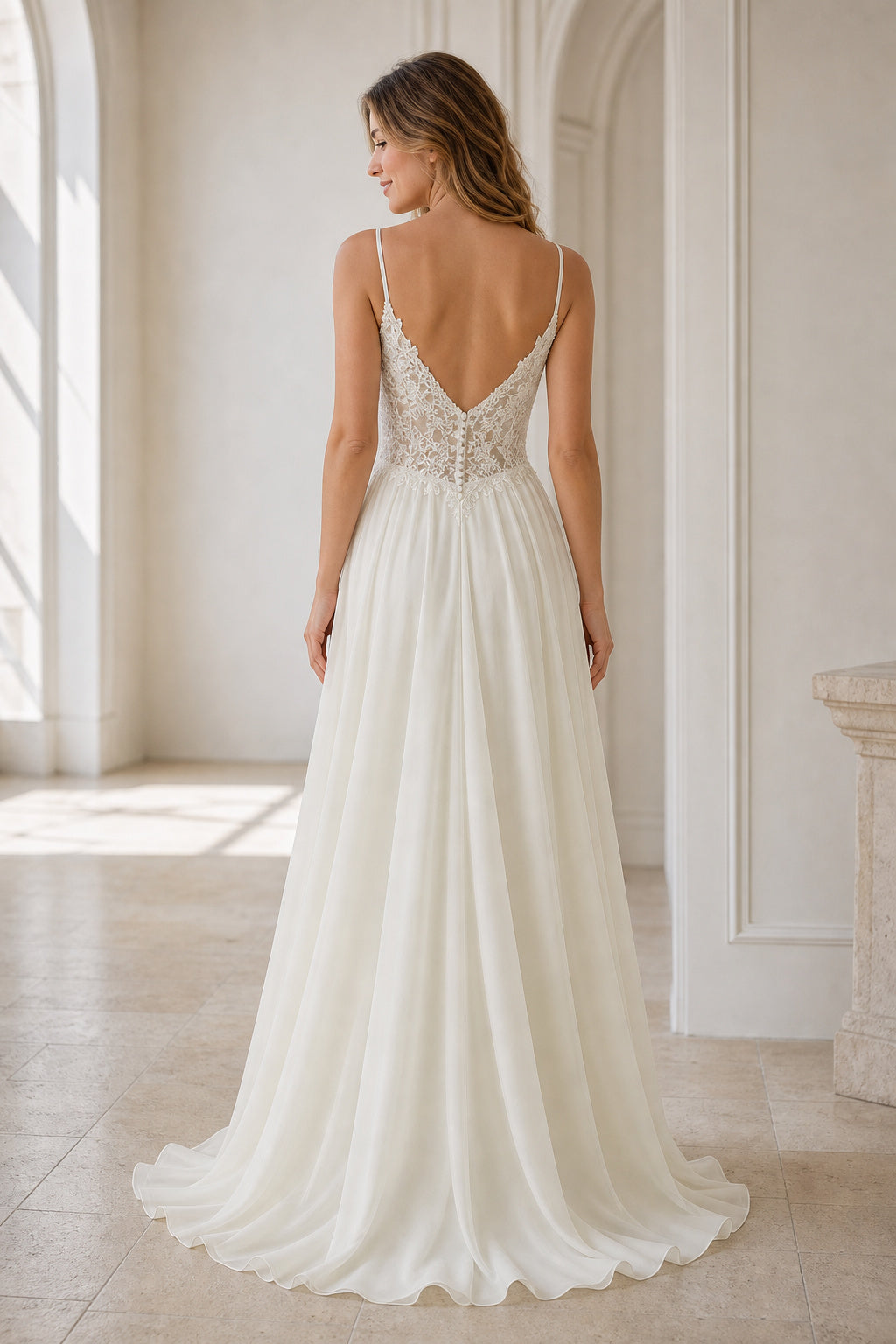 White Sweetheart A-Line Crepe Floor-length Wedding Dress With Open Back and Lace Bodice and Open Back Pearl Detail