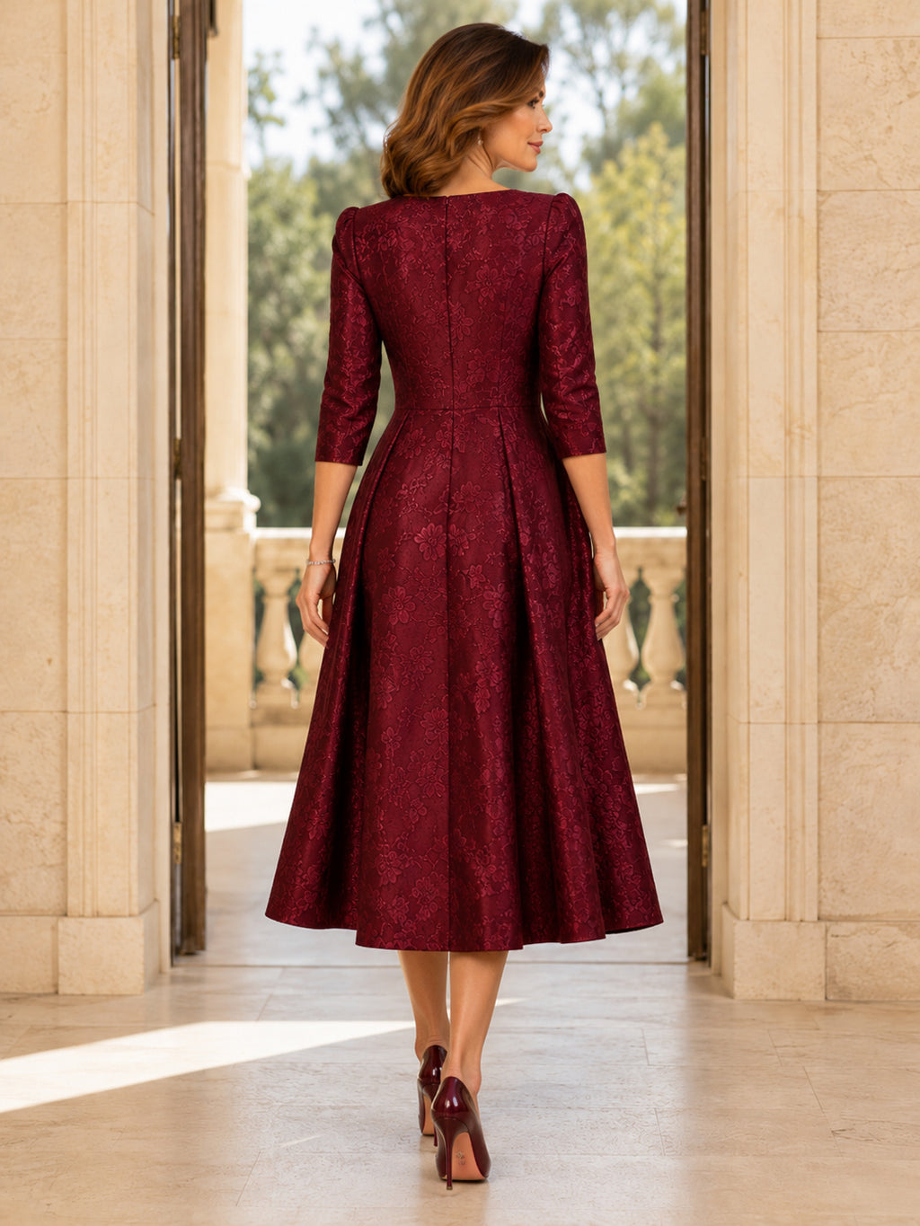 Burgundy Square Neck Brocade Formal Midi Dress back view