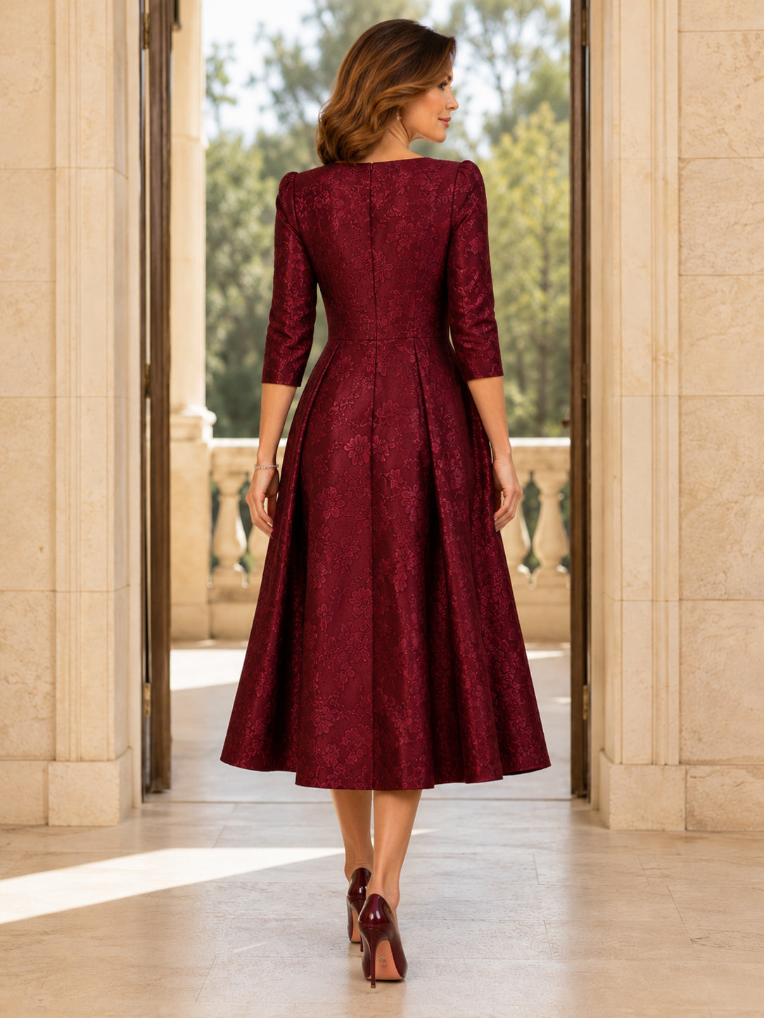 Burgundy Square Neck Brocade Formal Midi Dress back view