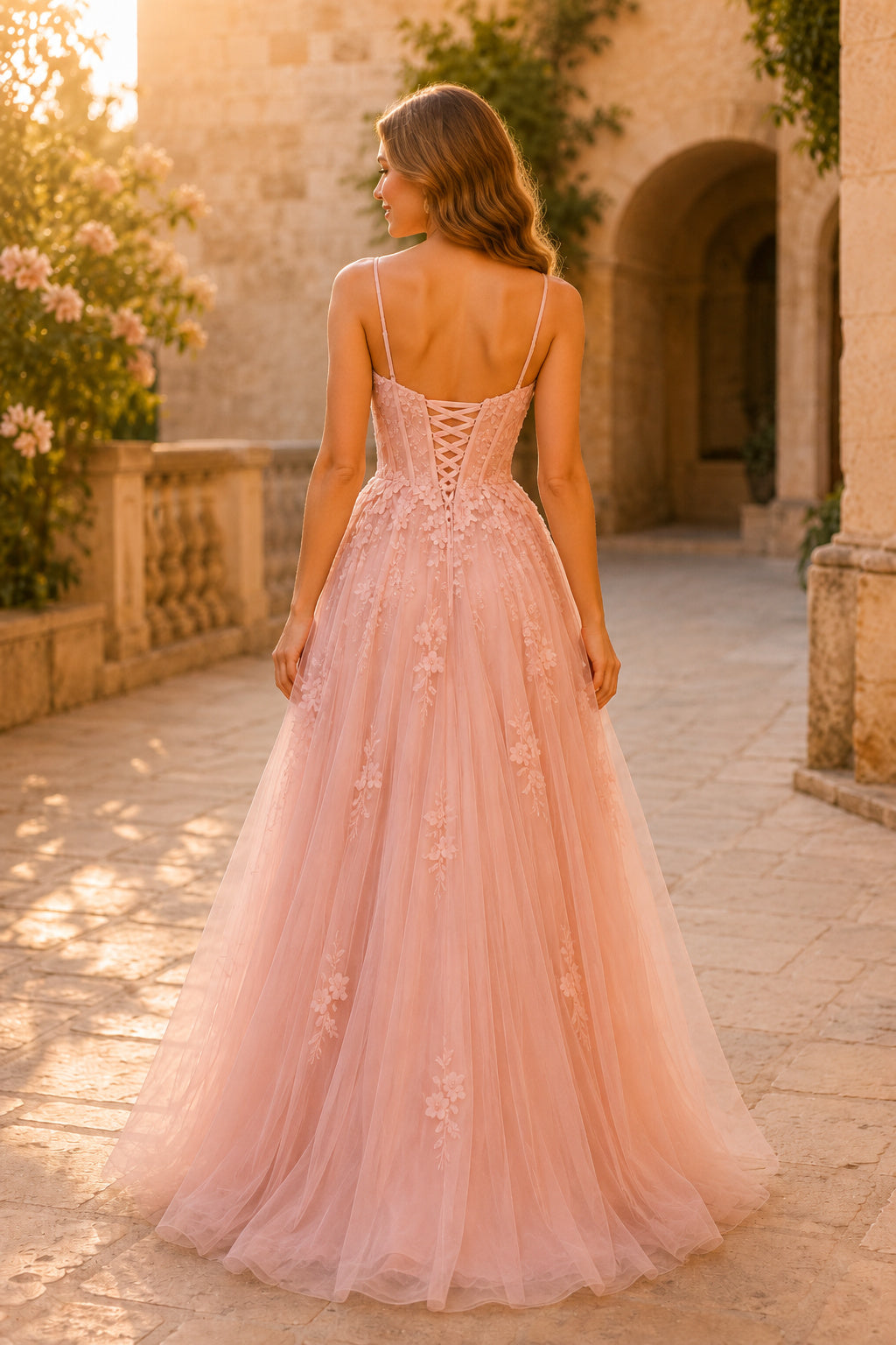 Blushing Pink Spaghetti Strap Lace Applique A Line Dress with Tulle Skirt Floor Length And Sweep/Brush Train A Line Prom Dres