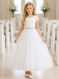 White Crystal Tulle Jewel Neck Short Cap Sleeve Crystal Sash Ankle Length Communion Flowergirl Dress front view