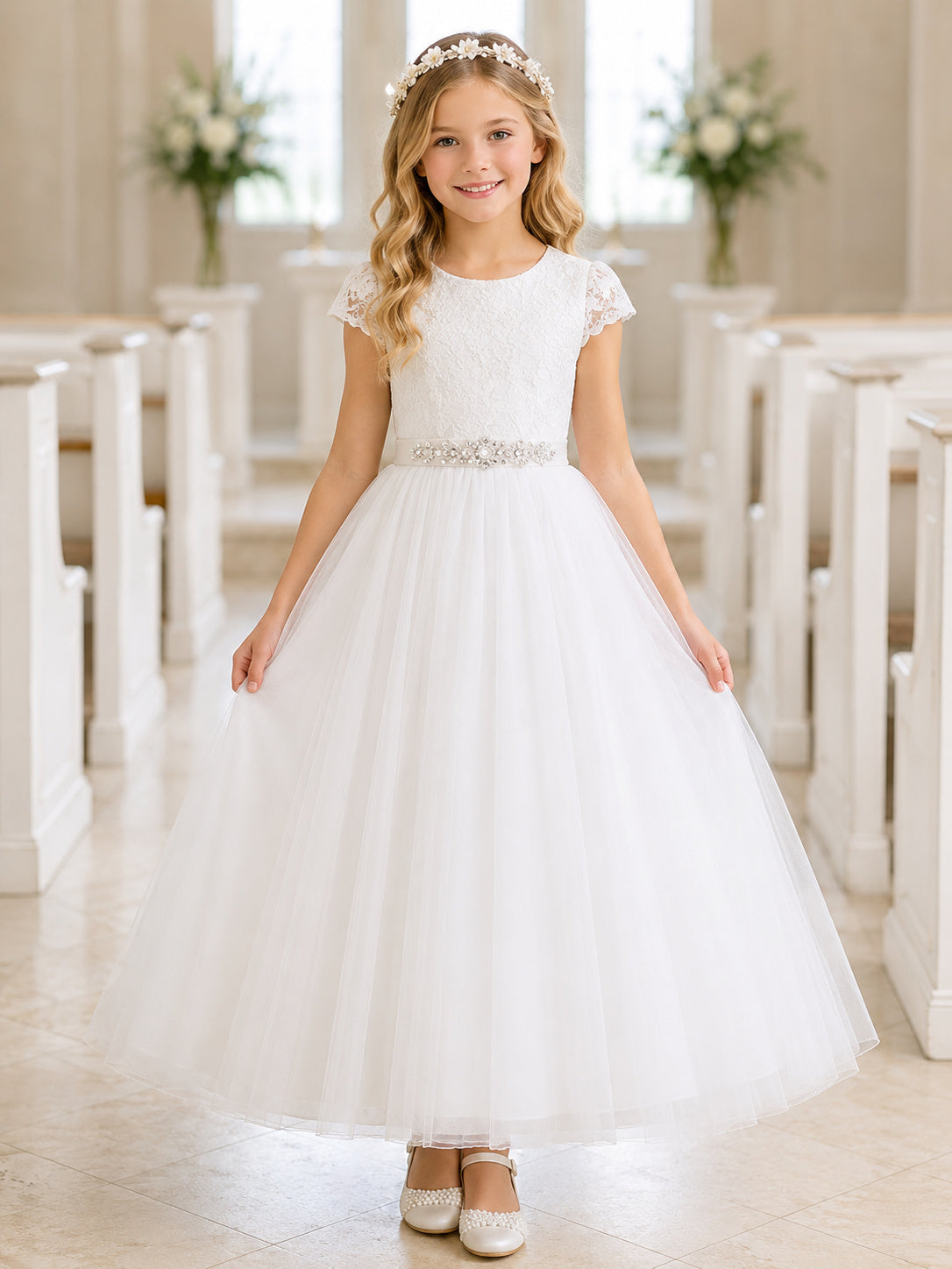White Crystal Tulle Jewel Neck Short Cap Sleeve Crystal Sash Ankle Length Communion Flowergirl Dress front view