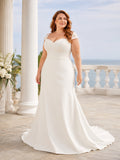 Minimalist Stretch Satin Wedding Dress Mermaid Sweetheart Cap Sleeve Sweep Train Bridal Gown front view