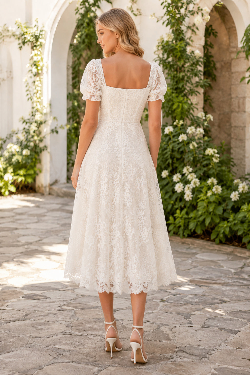 Ivory Square Neck Puff Sleeve Lace Tea Length Wedding Dress for Wedding Reception and Party back view