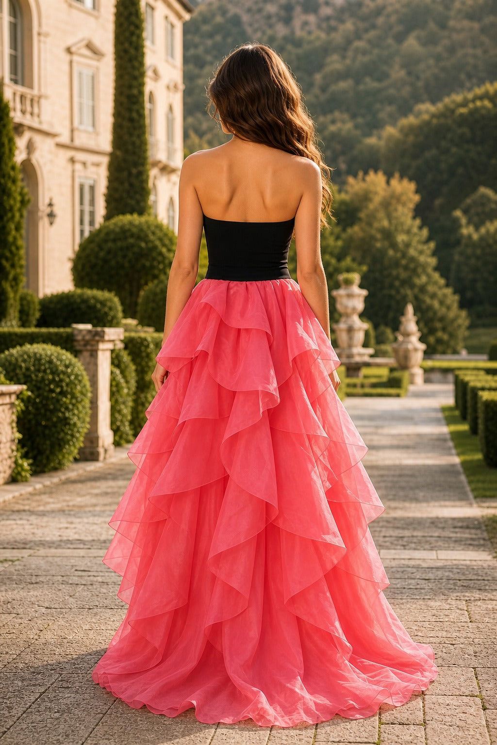 Black Strapless High-Low Tulle A-Line Dress
