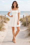 White Square Neck Puff Sleeve A-Line Mini Cocktail Dress with Lace Hem front view