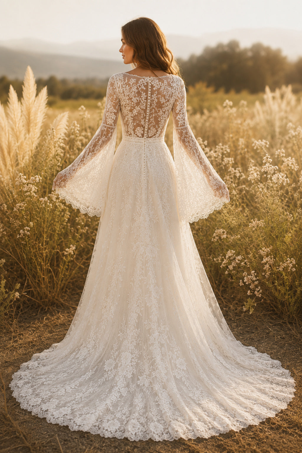 Ivory Long Bell Sleeve Lace A-Line Wedding Dress with Deep V-Neck and Train back view