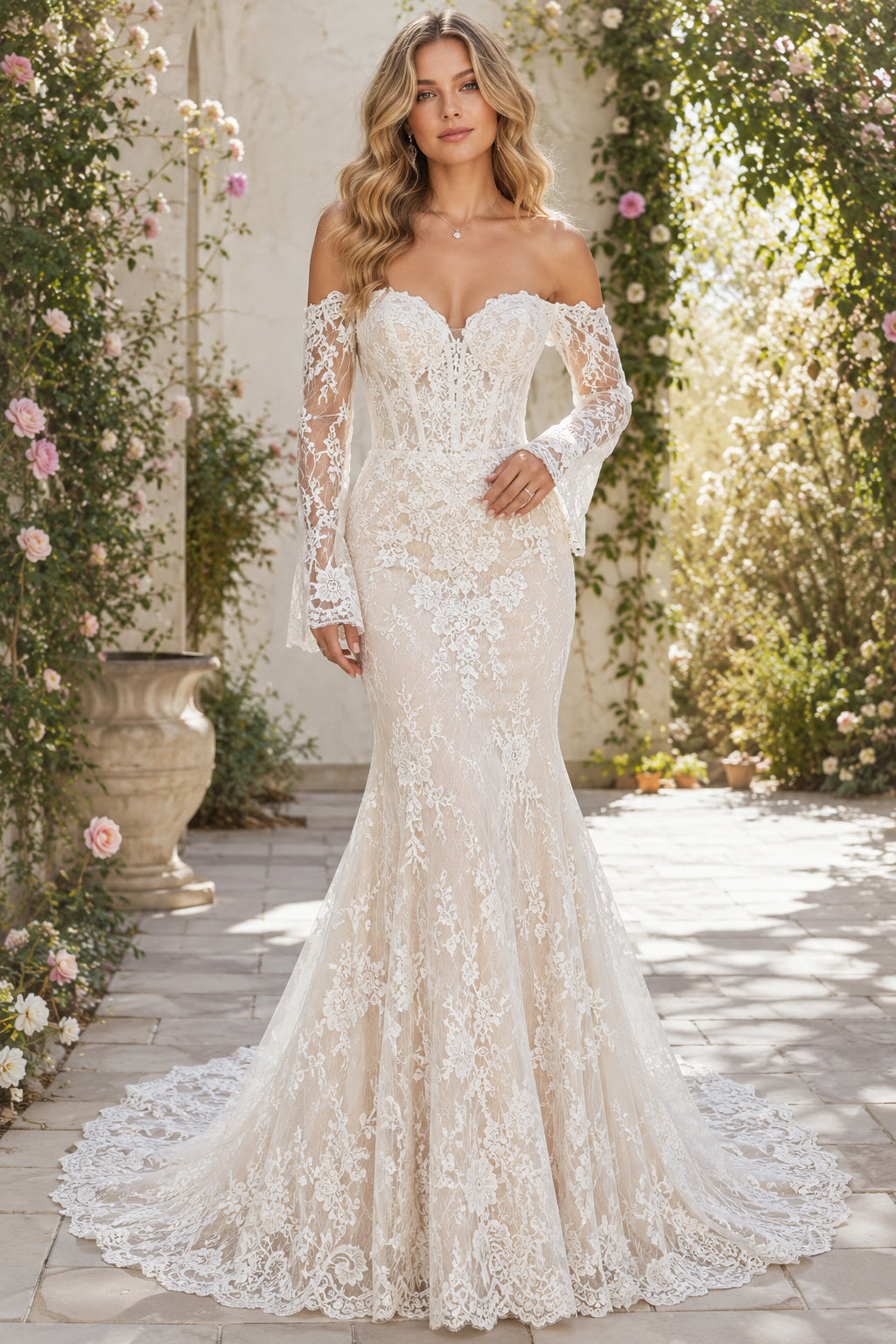 Ivory Sexy Off-the-Shoulder Mermaid Allover Lace Wedding Dress with Long Lace Sleeves and Chapel Train front view