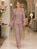 Dusty Rose Luxury Beaded-Floral Mesh-Jacket Straight-Leg Mother of the Bride Pantsuit with Full Illusion Sleeves and Jeweled
