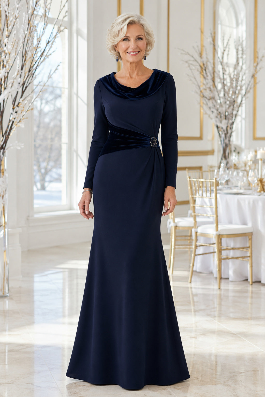 Dark Navy Cowl Neck Mermaid Mother Dress with Long Sleeves and Contrast Waist for Evening Reception front view