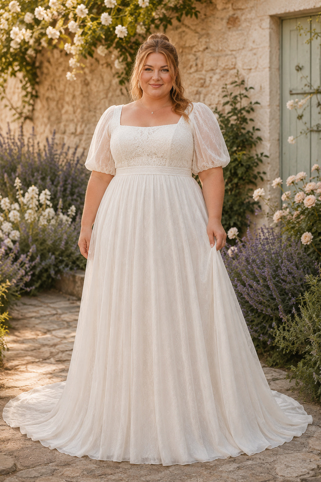 White Plus Size Square Neck Chiffon A-Line Wedding Dress with Puff Sleeves and Soft Train front view