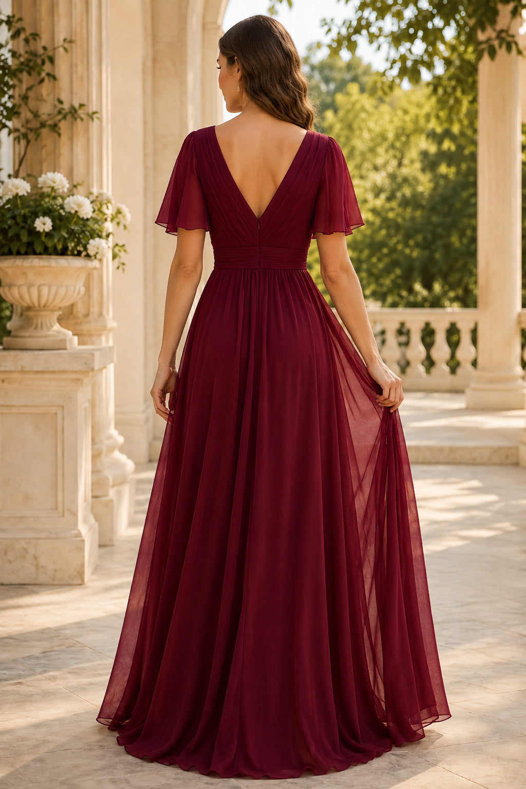 Burgundy V-Neck Chiffon A-Line Bridesmaid Dress with Flutter Sleeves and Flowing Skirt back view